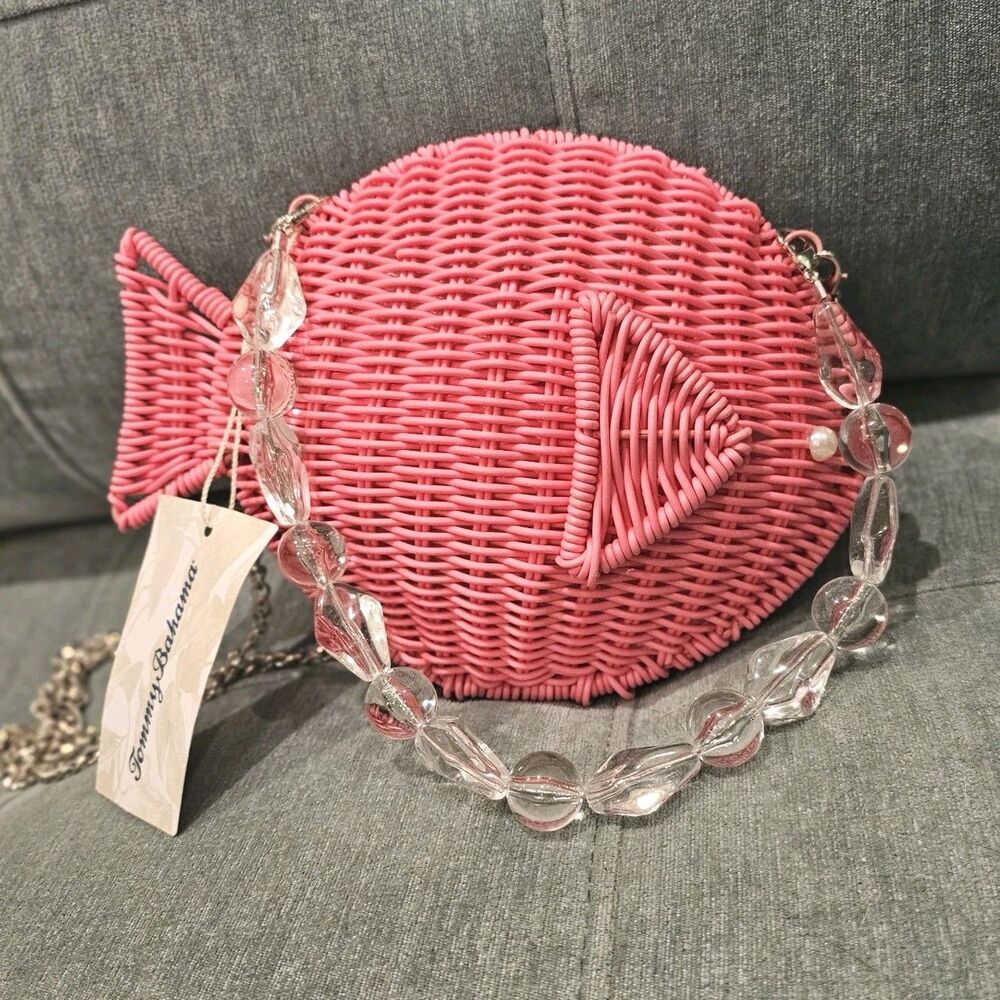 Tommy Bahama Viral Pink Fish Woven Clutch Novelty Bag Tropical Resort NWT